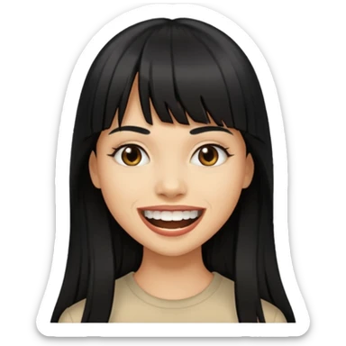 Woman a little tan with long black hairs and bangs, appearing teeth sticker