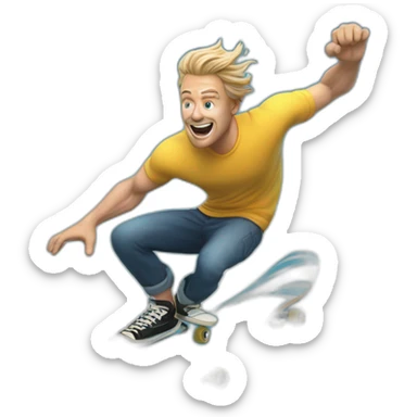 hyper real white dude surfing massive blue ocean wave on a skate board sticker