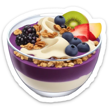Açaí in a clear cup with layers of fruits and granola and condensed milk sticker