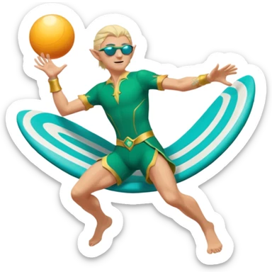 elf male legolas launching a frisbee woven from pure sunlight, wearing sporty teal swim shorts and performance sunglasses, pointy ears, dynamic motion lines, beach sky backdrop, centered emoji sticker