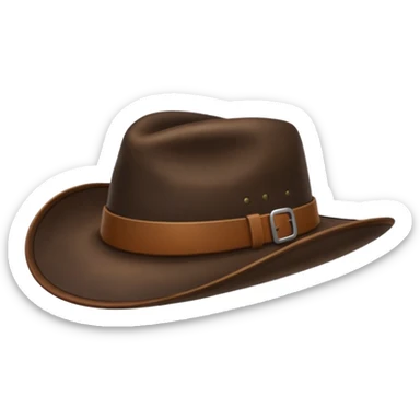 The hat is made of dark brown worn leather, wide-brimmed and slightly curved downward to protect from tropical sun and rain. sticker