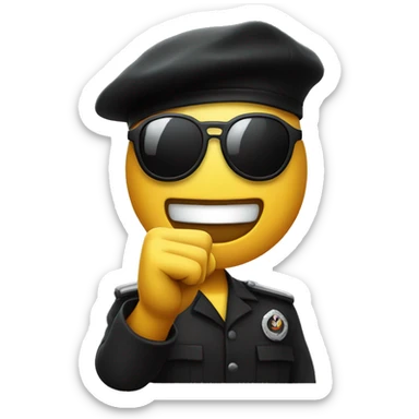 a smiley emoji with a black beret and black sunglasses and the righr fist in the air sticker