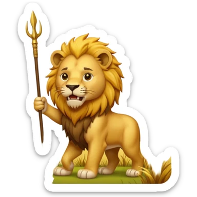 a fierce lion holding a spear in its mouth, standing in a savannah landscape, apple style emoji art sticker
