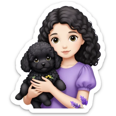 A long-haired girl holds a black maltipoo puppy in the lavender flowers sticker