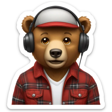 Bear wearing a red plaid jacket white shirt headphones and a hat backwards sticker