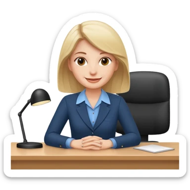 one white woman employee sitting in front of the desk sticker