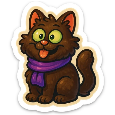 Fluffy cute derpy silly goofy funny dark-brown cat with green eyes and a purple scarf  sticker