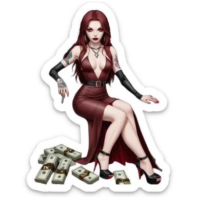 Lilith symbol red eye seductress evil long brown haired sexy succubus woman with leather long dress with slit, sitting in Big Large F350 pickup truck. Black Platform high heels on feet. Tattoo sleeve arms, seat full of stacks of cash, and a man dead human skull of her enemies and a gun in other hand sticker