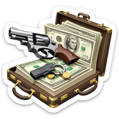 Icon for Action & Crime Reading: an open book with action-packed scenes, featuring a gun, handcuffs, a detective's badge and a briefcase with money. The icon should capture the tension and excitement of crime and action stories. Transparent background. sticker