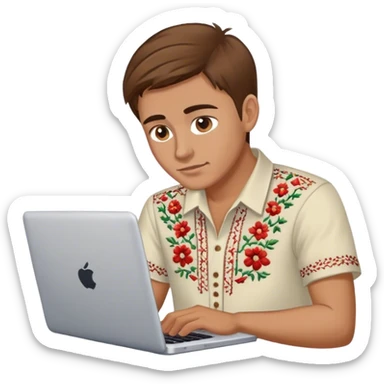 A Ukrainian guy with brown hair in an embroidered shirt works at his laptop sticker