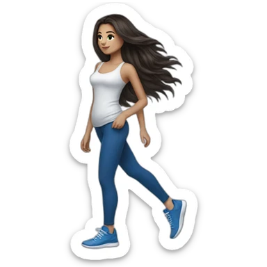 Short brunette, leggings, blue walking shoes, long hair, tattoo sticker