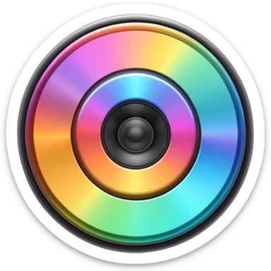 A speaker emoji 🔊 with a smooth CD-like surface that reflects iridescent colors shiny plastic body, prismatic reflections shifting across the front, soft sparkles and light gleams, holographic sheen, clean simple shape, bright colorful highlights sticker