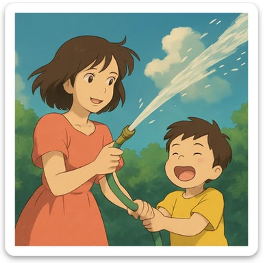 people spraying water on the left side in ghibli style sticker