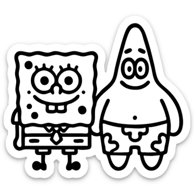 Spongebob and Patrick as outlined icons, black lines, no fill, minimal detail, no text sticker