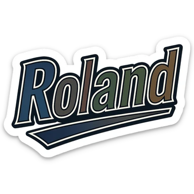 Text image of the name 'Roland' in a masculine, modern, gradient font with precise Hungarian characters, dark contour, extra thick, prominent white border as in sample images, dynamic slanted underline, masculine color shades (blue, gray, burgundy, green, brown), 1000x1000 px, PNG, transparent background. sticker