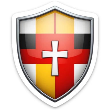 security shield. The shield is vertically divided: the left half displays the Swiss flag (red with white cross), and the right half displays the German flag (black, red, gold horizontal stripes) sticker