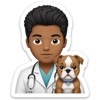 joven médico con el pelo un poco largo pero no tanto y lacio, que tenga un estetoscopio de color de piel tez negra calida !!! que sostiene un bulldog francés blanco y negro  sticker