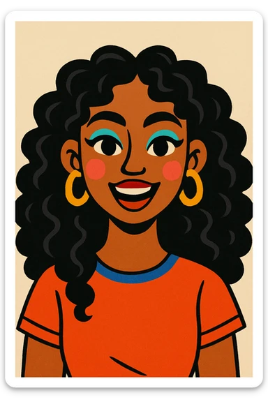 portrait of a young brown-skinned woman with long, abundant, curly black hair, brown eyes, colorful makeup, expressive face, neutral background sticker