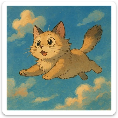 flying cat with expressive eyes in a dreamy sky background in ghibli style sticker