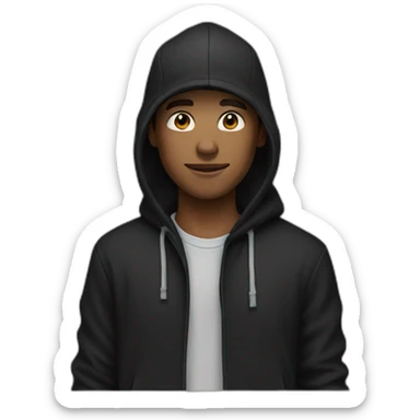 A guy wearing a black hoodie and a black cap sticker