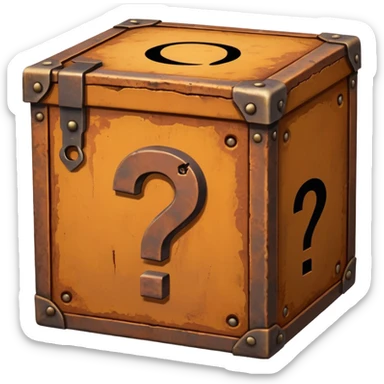 Rusty Mystery box with question mark carved onto its surface sticker