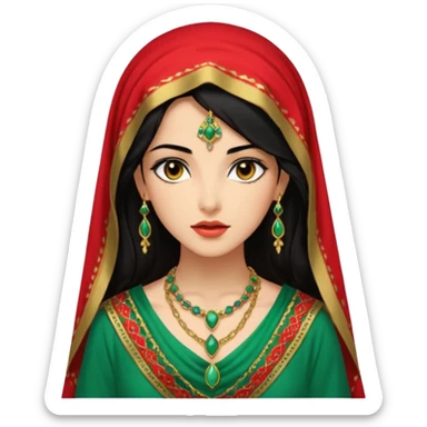 Mujer joven, morena, de gran belleza y porte misterioso.
 mirada intensa y fija; labios marcados.
 Negro, largo, suele ir cubierto parcialmente por un velo
 Ropa de inspiración árabe: túnica colorida (rojo, dorado, verde esmeralda), con detalles dorados  brazaletes y pendientes. sticker