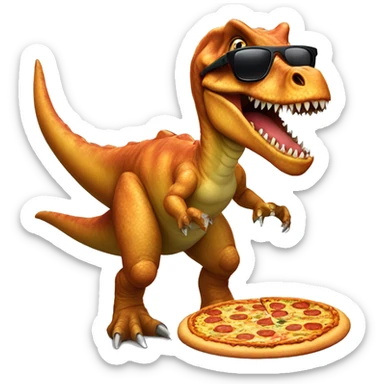 Surfing dinosaur wearing sunglasses eating a pizza sticker