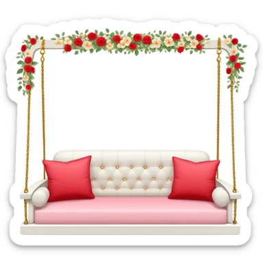 Romantic white wooden pastel-red cushions couch-swing with tiny gold flowers around sticker