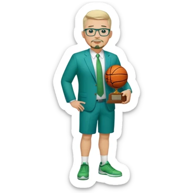 Full Body white male plus size body type  wearing glasses with a goatee with light blonde gray very short hair basketball head Coach in blue and green suit holding trophy sticker