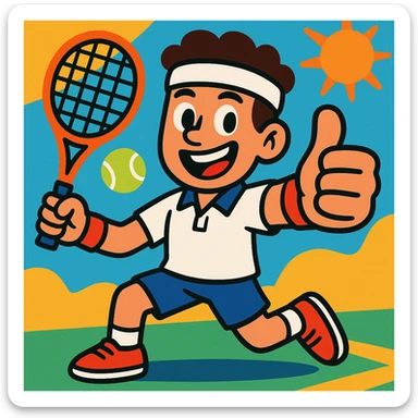 cartoon tennis player giving thumbs up, vibrant colors, energetic pose sticker