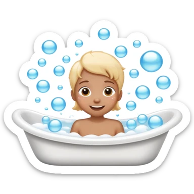 person taking a bath in a bathtub, lots of bubbles, cheerful expression, simple and cute sticker