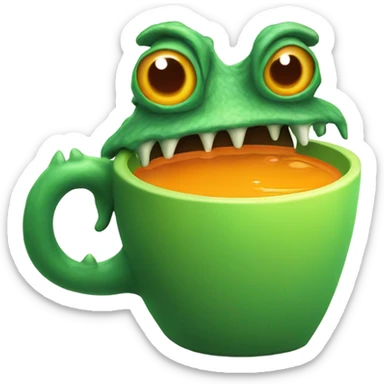 green geela monster drinking a cup of orange liquid politely sticker