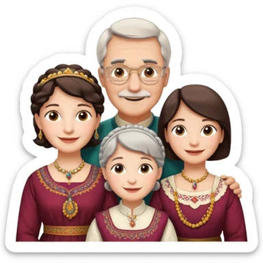 Indiana family with a 70 years old father and mother and a 40 years old daughter. They wear a traditional dress. They are smiling. sticker