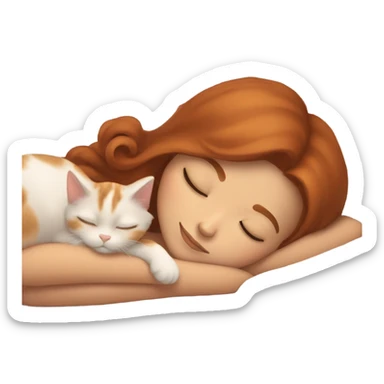 tan skin girl with auburn hair sleeping with calico kitty sticker