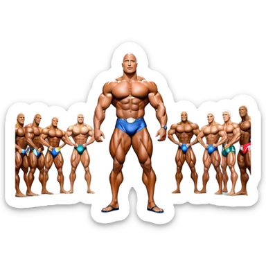 Dwayne Johnson, oiled and posing at the Mr. Universe bodybuilding championship, showcasing his muscular physique in an iconic display of strength. The background features the stage with judges and audience, capturing the intensity and prestige of the competition. Transparent background. sticker