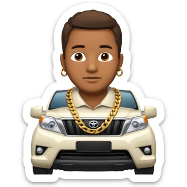 Hombre colombiano con cadena de oro  en el cuello y Toyota prado blanca sticker