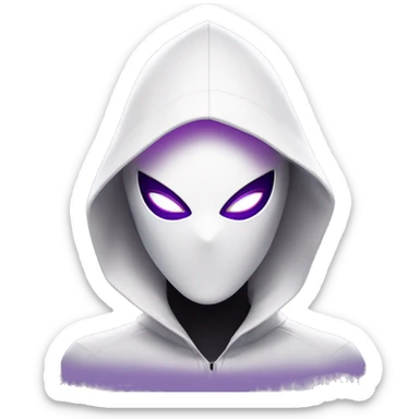 Android Spider-Gwen with a sleek, minimalist design, featuring a white mask and large purple eye shapes in an emoji-like style. She wears a high-tech suit with subtle web patterns on her arms, and a glowing hood resembling her iconic look sticker