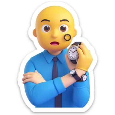 A yellow emoji face with a worried expression, looking at a wristwatch with raised eyebrows, showing urgency and stress sticker