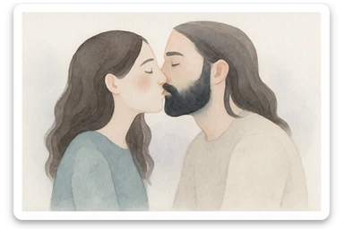 watercolor style of a couple: white woman with long dark brown wavy hair and white man with long hair and black beard kissing, soft atmosphere sticker