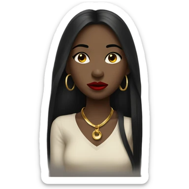 Crying Black girl with long black straight hair and red lipstick with gold hoop earrings and and a gold necklace  sticker