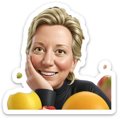 smiling woman enjoying fruit sticker