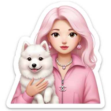 girl in pink Chanel-style outfit with white Samoyed dog sticker
