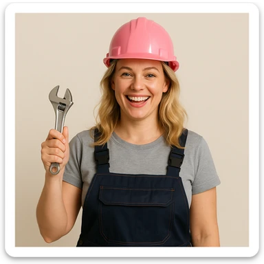 blonde woman in construction gear, pink safety helmet, cheerful, holding a wrench, plain background sticker