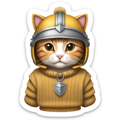 cat wearing a sweater and a trojan helmet sticker