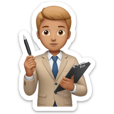 a person holding a checklist and pen, wearing smart casual clothing. The character is in a focused pose sticker