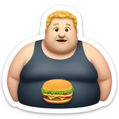Fat guy holding fries and a burger sticker