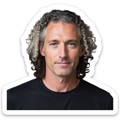 white man in his 40s, long tight curly hair with short sides sticker