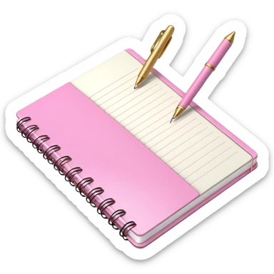 Notebook, gold and pink and white. angled view. with pen sticker