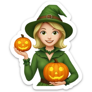 Woman Hunter With Jack o Lantern, wearing green costume sticker