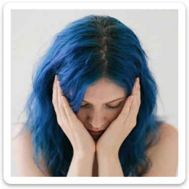 Woman with blue hair with her head in her hands sticker